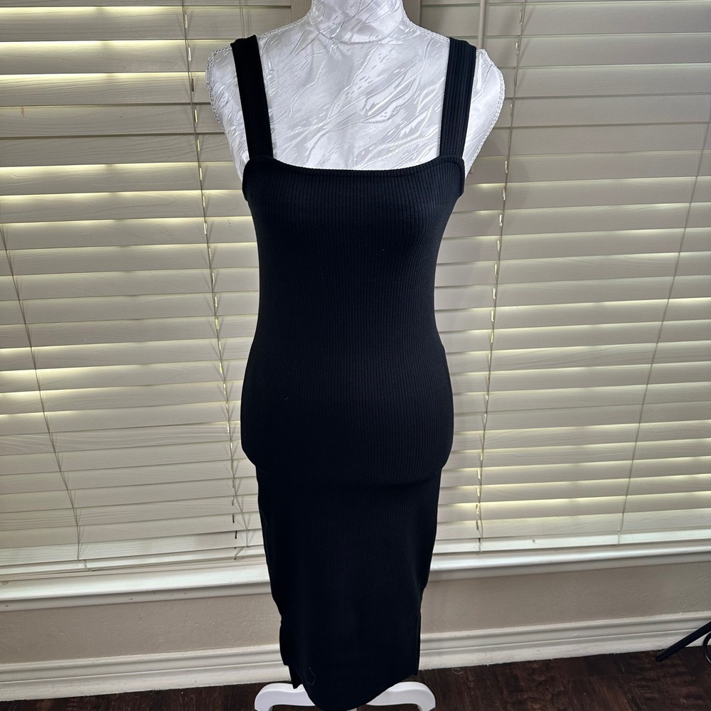 The Drop Amelia Midi Tank Dress Womens XS Black Ribbed Square Neck Bodycon NEW